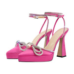 Load image into Gallery viewer, Pointed Toe Platform Rhinestone Bow Block Heel Pumps
