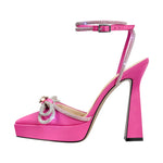 Load image into Gallery viewer, Pointed Toe Platform Rhinestone Bow Block Heel Pumps
