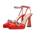 Load image into Gallery viewer, Pointed Toe Platform Rhinestone Bow Block Heel Pumps
