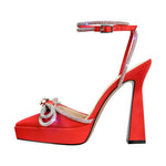 Load image into Gallery viewer, Pointed Toe Platform Rhinestone Bow Block Heel Pumps
