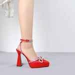 Load image into Gallery viewer, Pointed Toe Platform Rhinestone Bow Block Heel Pumps
