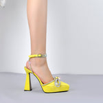 Load image into Gallery viewer, Pointed Toe Platform Rhinestone Bow Block Heel Pumps
