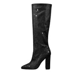 Load image into Gallery viewer, Pointed toe Chunky Heels Rhinestone Knee High Boots
