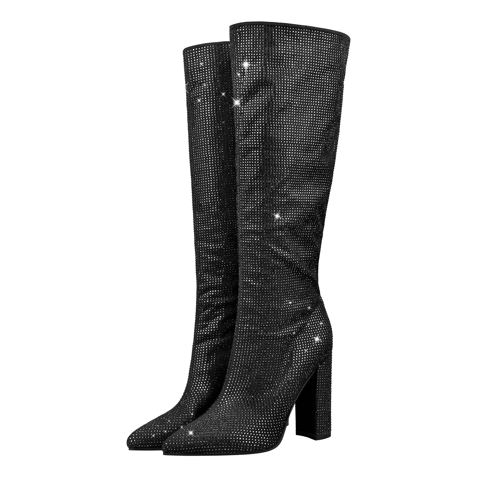 Pointed toe Chunky Heels Rhinestone Knee High Boots