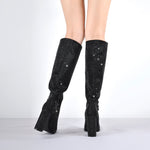 Load image into Gallery viewer, Pointed toe Chunky Heels Rhinestone Knee High Boots
