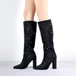 Load image into Gallery viewer, Pointed toe Chunky Heels Rhinestone Knee High Boots
