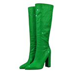 Load image into Gallery viewer, Pointed toe Chunky Heels Rhinestone Knee High Boots
