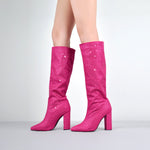 Load image into Gallery viewer, Pointed toe Chunky Heels Rhinestone Knee High Boots
