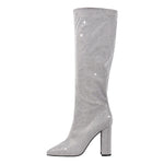 Load image into Gallery viewer, Pointed toe Chunky Heels Rhinestone Knee High Boots
