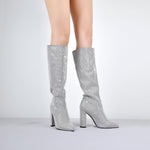 Load image into Gallery viewer, Pointed toe Chunky Heels Rhinestone Knee High Boots
