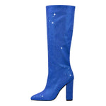 Load image into Gallery viewer, Pointed toe Chunky Heels Rhinestone Knee High Boots
