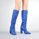 Load image into Gallery viewer, Pointed toe Chunky Heels Rhinestone Knee High Boots
