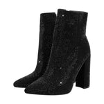 Load image into Gallery viewer, Pointed Toe Rhinestone Chunky Heel Ankle Boots
