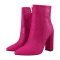 Crystal Rhinestone Ankle Boots — Chunky Heel, Pointed Toe