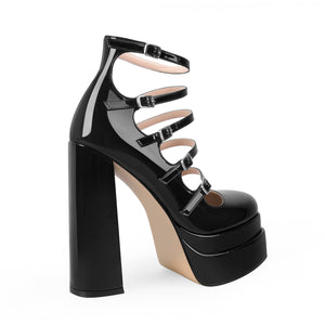 Double Platform Square Toe Chunky Heel Pumps