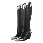 Load image into Gallery viewer, Pointed Toe Metallic Leather Trim Knee High Western Boots
