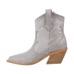 Rhinestone Pointed Toe Chunky Heels Ankle Boots