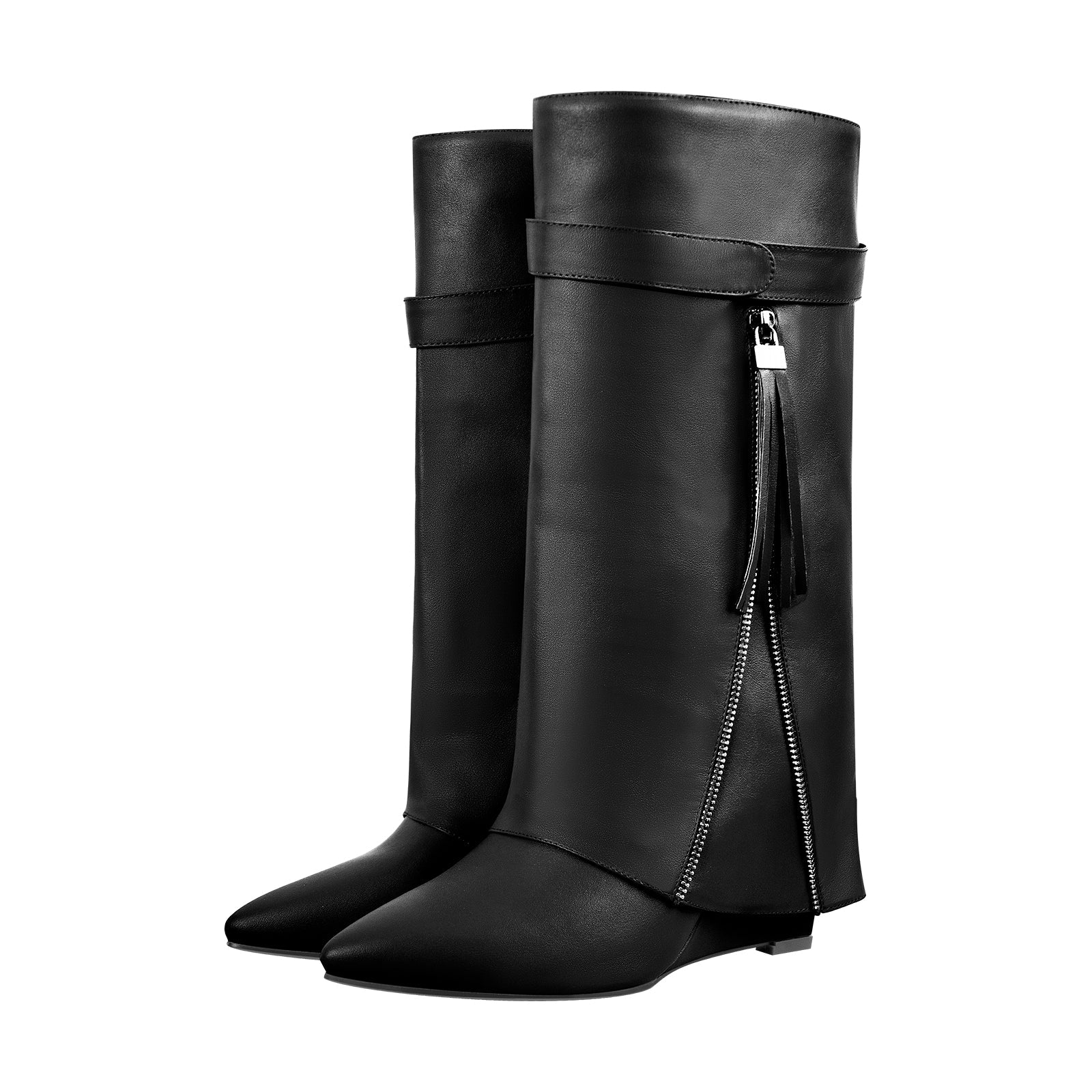 Pointed Toe Side Tassel Zipper Fold Over Boots