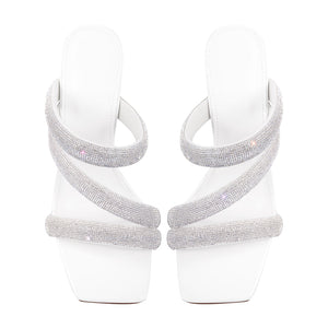 Rhinestone Strappy Slip on Chunky Heels Sandals