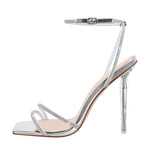 Load image into Gallery viewer, Rhinestone Square Toe Ankle Strap Clear Heel Sandals
