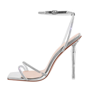 Rhinestone Square Toe Ankle Strap Clear Heel Sandals