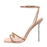 Load image into Gallery viewer, Rhinestone Square Toe Ankle Strap Clear Heel Sandals
