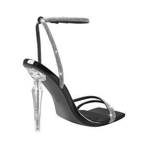 Rhinestone Square Toe Ankle Strap Clear Heel Sandals