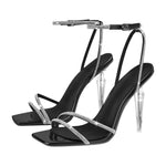 Load image into Gallery viewer, Rhinestone Square Toe Ankle Strap Clear Heel Sandals
