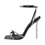 Load image into Gallery viewer, Rhinestone Square Toe Ankle Strap Clear Heel Sandals
