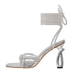 Load image into Gallery viewer, Rhinestone Lace-Up Silver Heels Sandals
