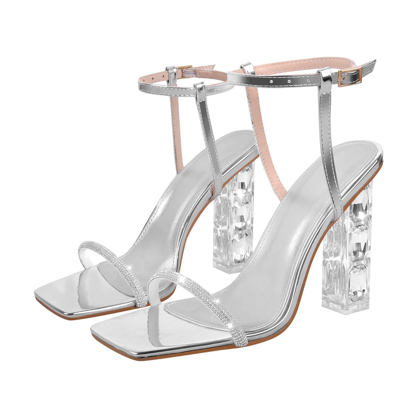 Rhinestone Buckle Strap Plexiglass Heels Sandals