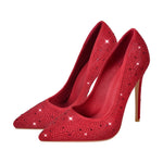 Load image into Gallery viewer, Pointed Toe Rhinestone Suede Stiletto Pumps
