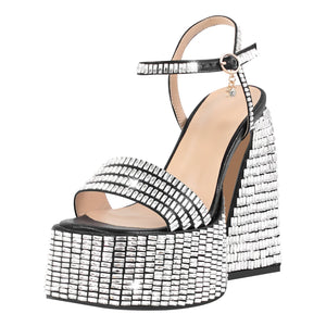 Rhinestone Square Toe Chunky Heel Platform Sandals