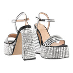 Load image into Gallery viewer, Rhinestone Square Toe Chunky Heel Platform Sandals
