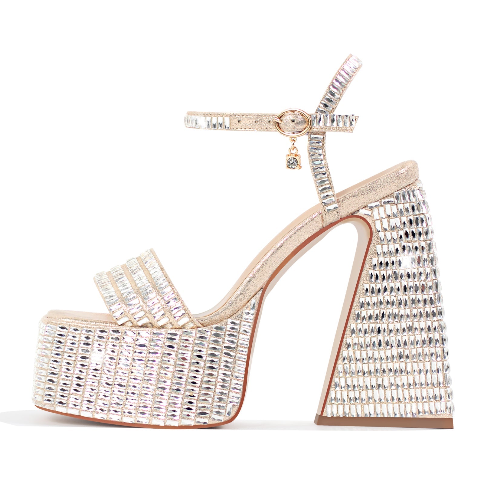 Rhinestone Square Toe Chunky Heel Platform Sandals