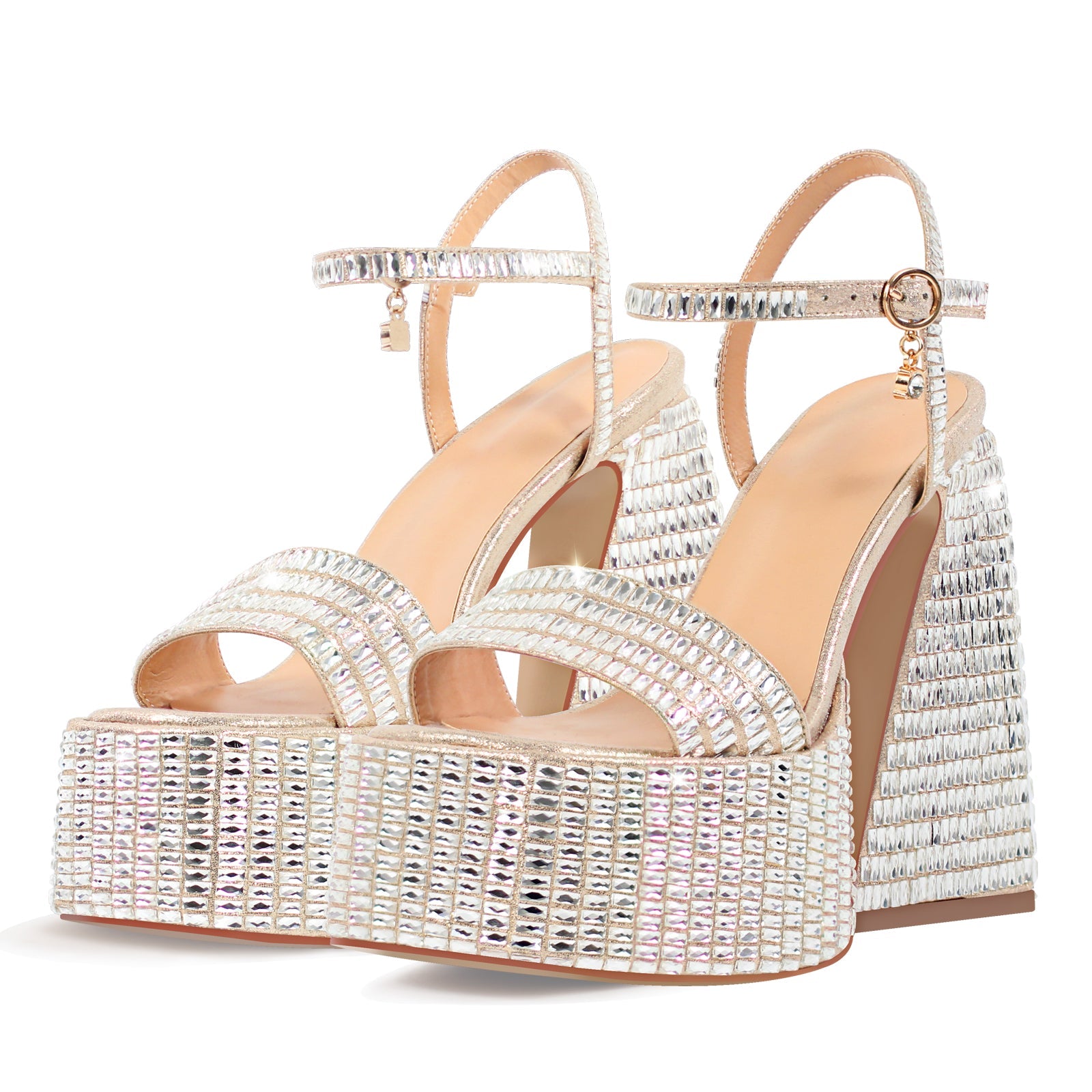 Rhinestone Square Toe Chunky Heel Platform Sandals