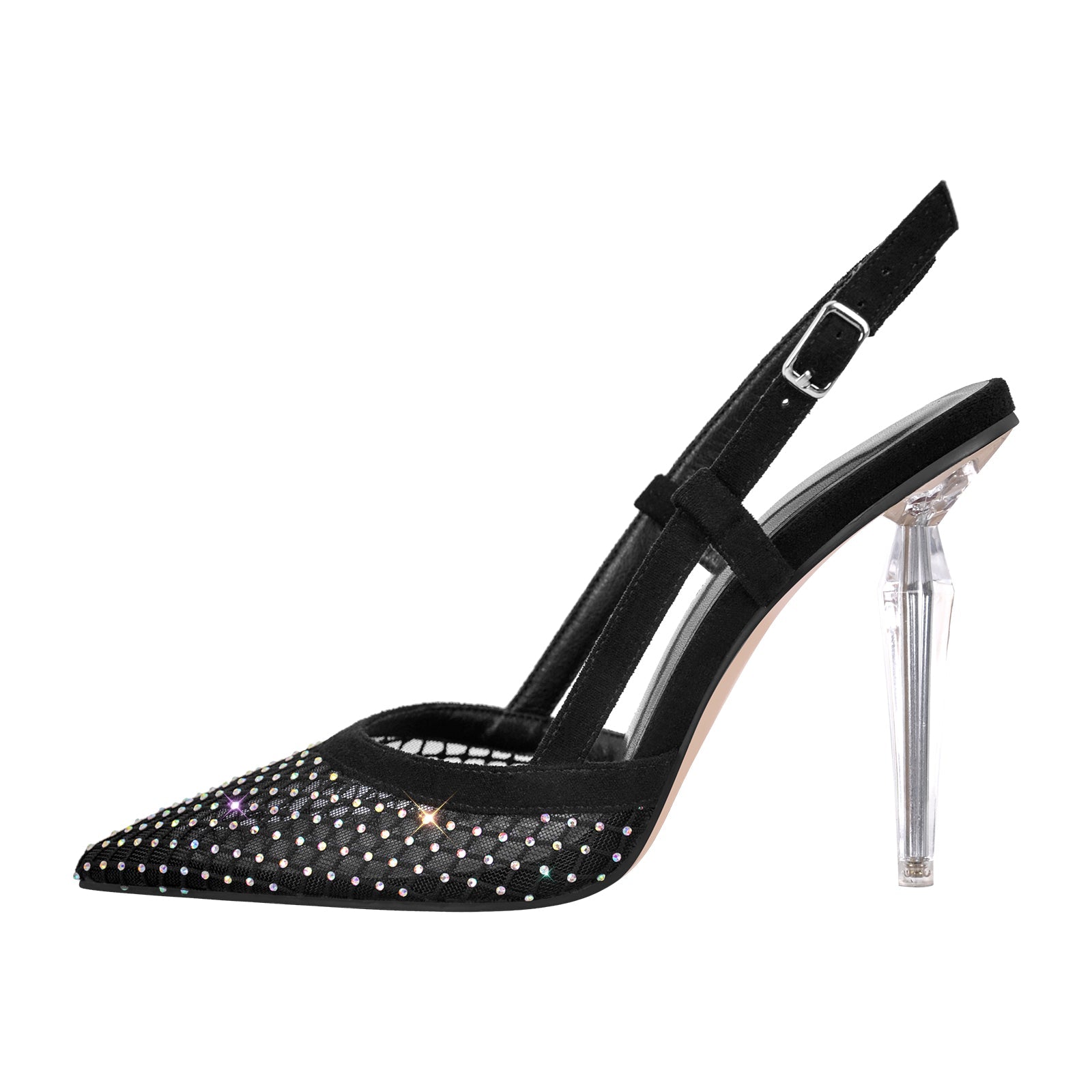 Pointed Toe Rhinestone Slingback Clear Heel Pumps