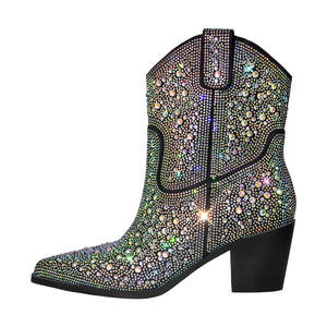 Rhinestone Pointed Toe Chunky Heel Ankle Boots