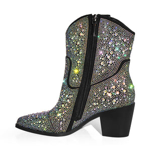 Rhinestone Pointed Toe Chunky Heel Ankle Boots