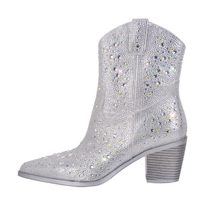 Rhinestone Pointed Toe Chunky Heel Ankle Boots