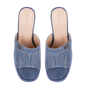 Denim Round Toe Platform Chunky Heel Sandals