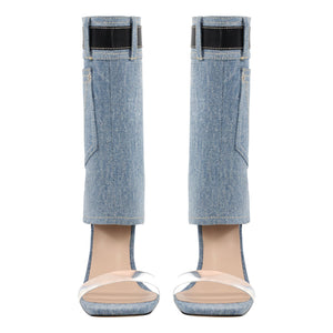 Denim Square Toe Stiletto Ankle Sandals