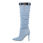 Load image into Gallery viewer, Denim Pointed Toe Stiletto Thigh Boots
