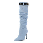 Load image into Gallery viewer, Denim Pointed Toe Stiletto Thigh Boots
