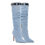 Load image into Gallery viewer, Denim Pointed Toe Stiletto Thigh Boots
