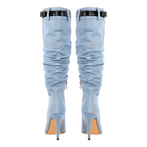 Denim Pointed Toe Stiletto Thigh Boots