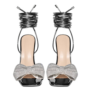 Rhinestone Square Toe Stiletto Ankle Strap Sandals