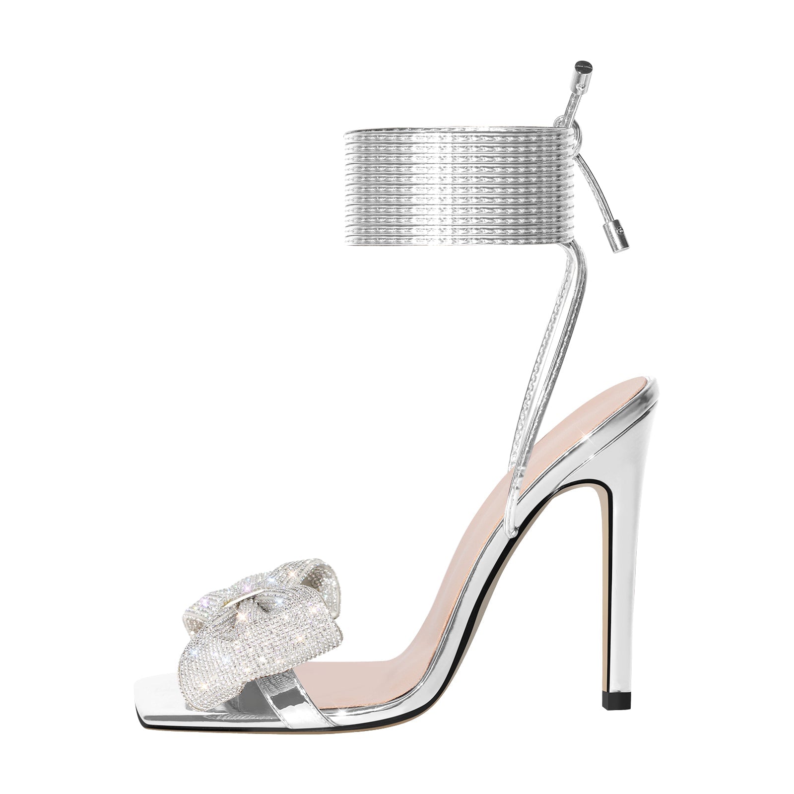 Rhinestone Square Toe Stiletto Ankle Strap Sandals