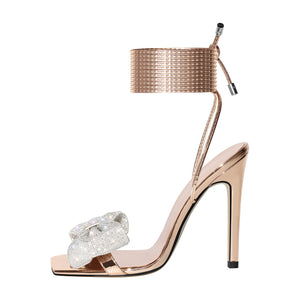 Rhinestone Square Toe Stiletto Ankle Strap Sandals