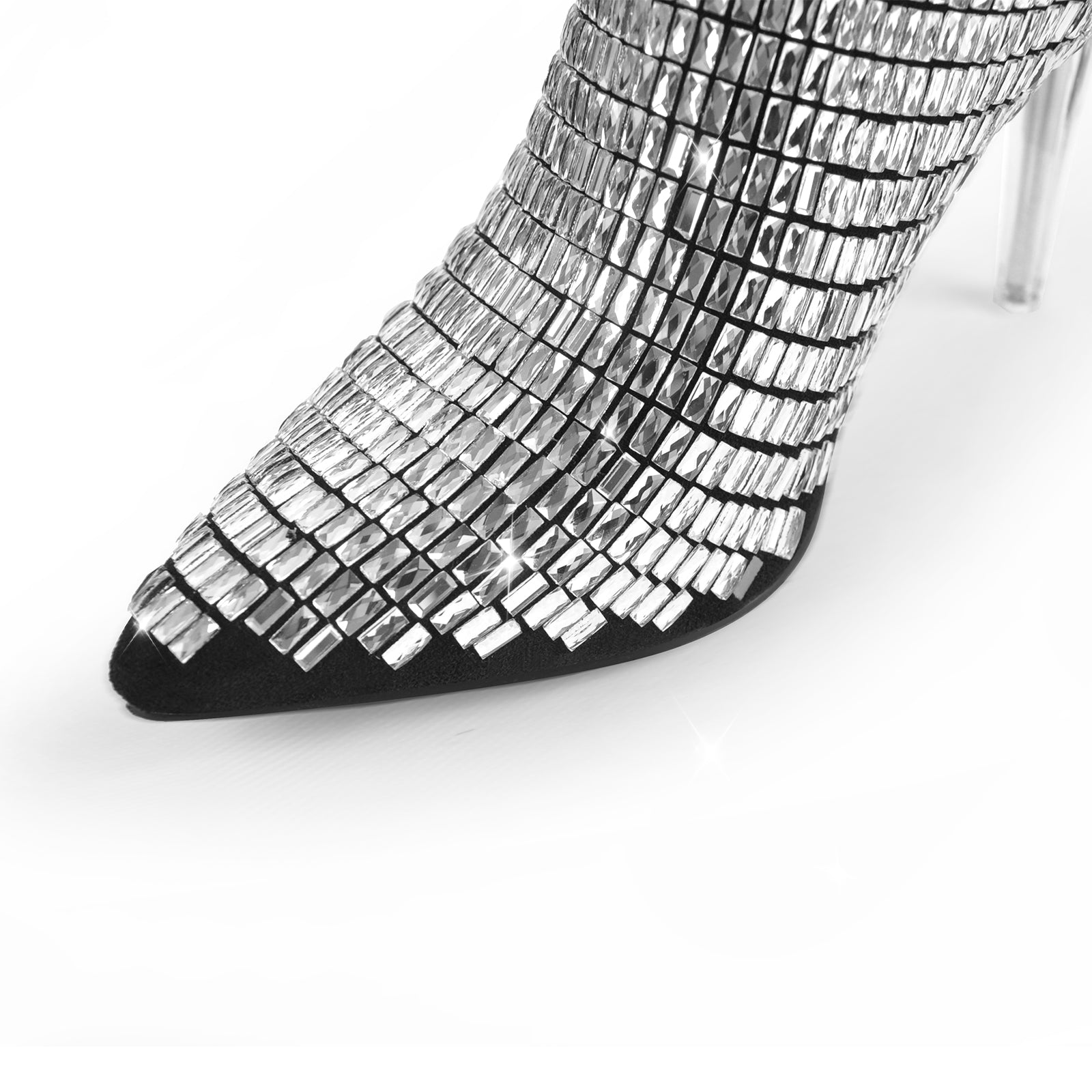 Rhinestone Pointed Toe Stiletto Clear Heel Ankle Boots